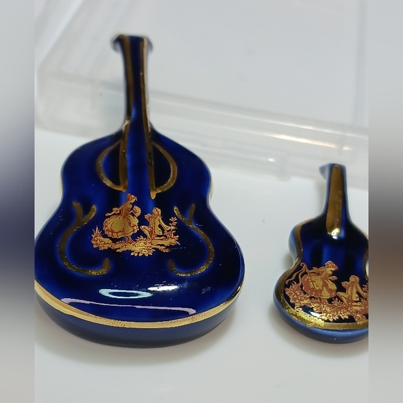 Vintage 22k Gold Trim Limoges France Guitar Figurine Cobalt Blue Courting Couple - Picture 12 of 14